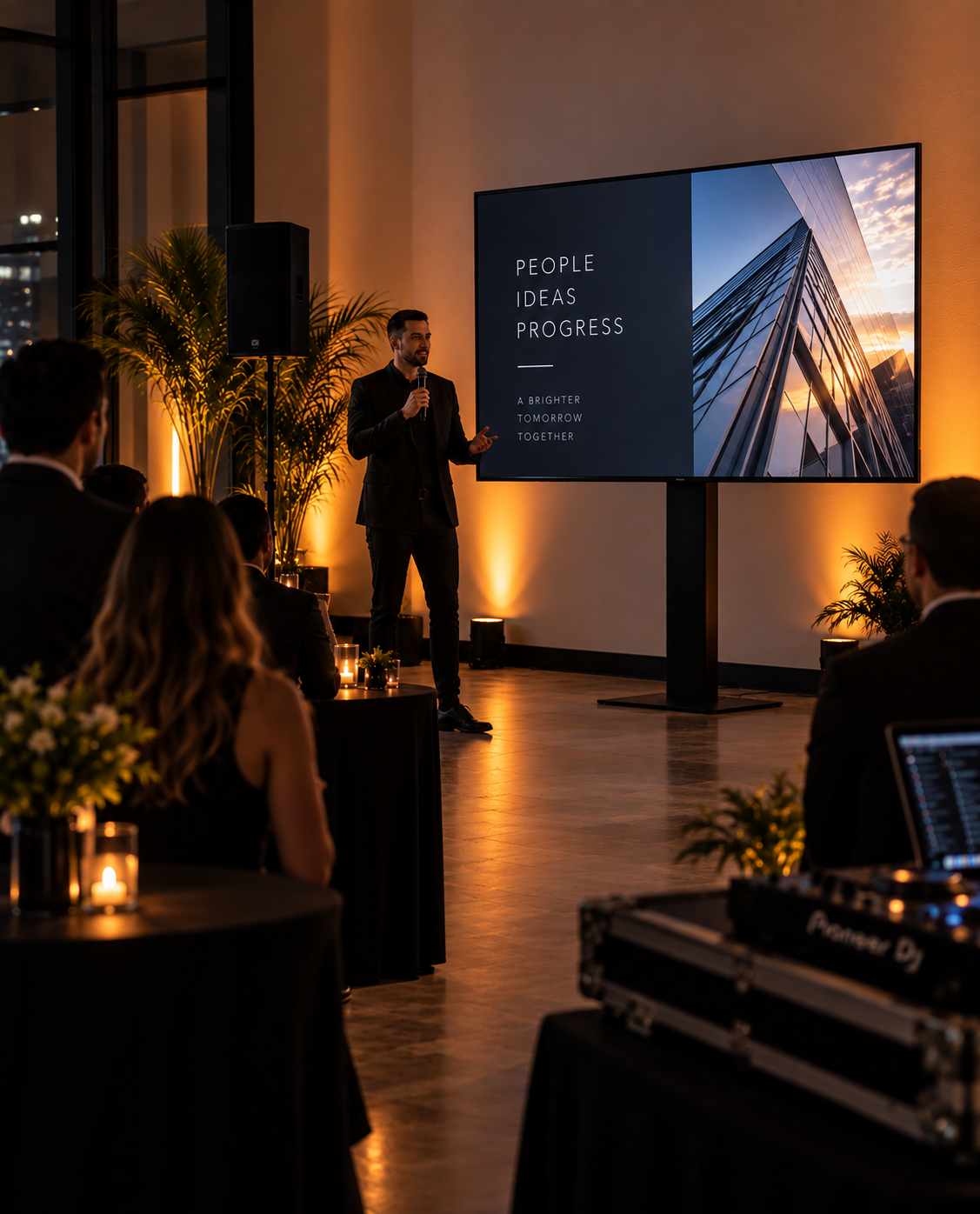 Corporate presentation with a speaker, display and event production